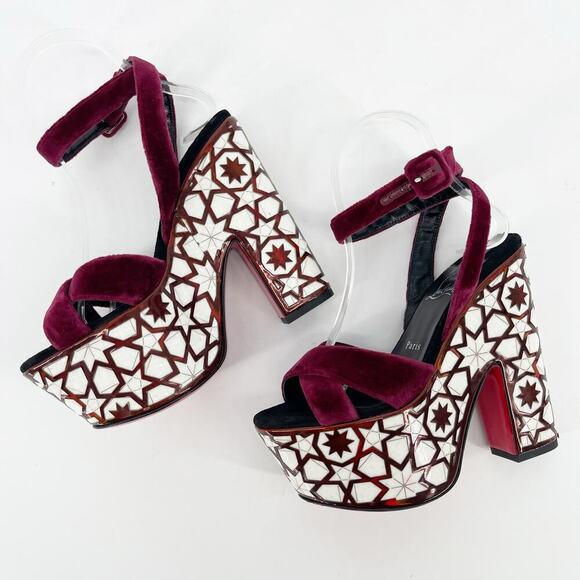 Christian Louboutin Burgundy Velvet Superyaz 160 Pearl Platform Sandal EU 37 - Picture 4 of 12